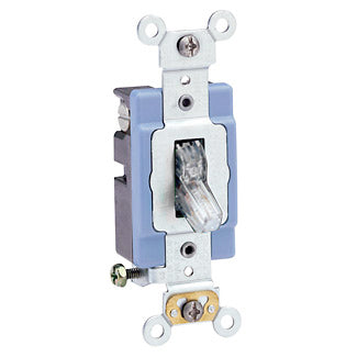 Leviton 15 Amp 120V Toggle Pilot Light Illuminated On Requires Neutral Single-Pole AC Quiet Switch Industrial Grade Self Grounding Clear (1201-PLC)