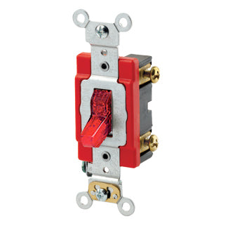 Leviton 20 Amp 277V Toggle Pilot Light Illuminated On Requires Neutral Single-Pole AC Quiet Switch Industrial Grade Self Grounding Red (1221-7PR)