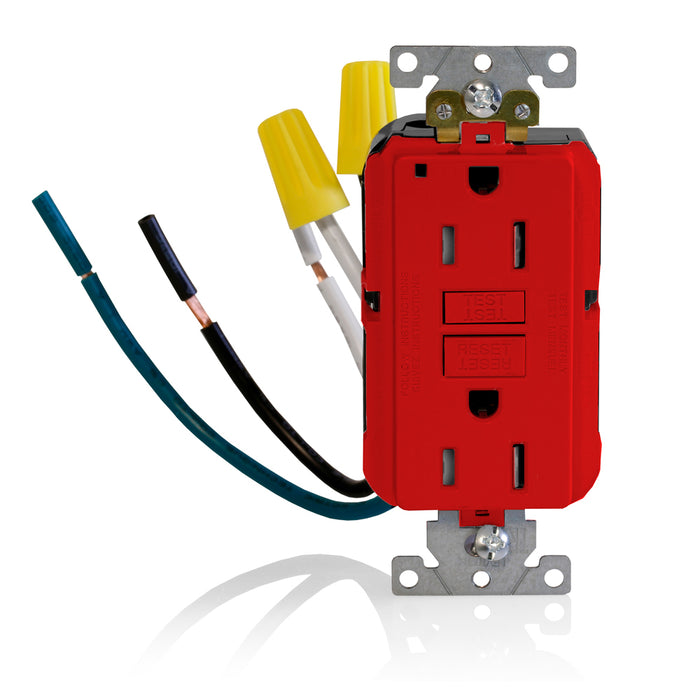 Leviton SmartlockPro GFCI Duplex Receptacle Outlet Extra Heavy-Duty Industrial Spec Grade Tamper-Resistant Power Indication 15A 20A Feed-Through 125V Red (GFTR1-5LR)