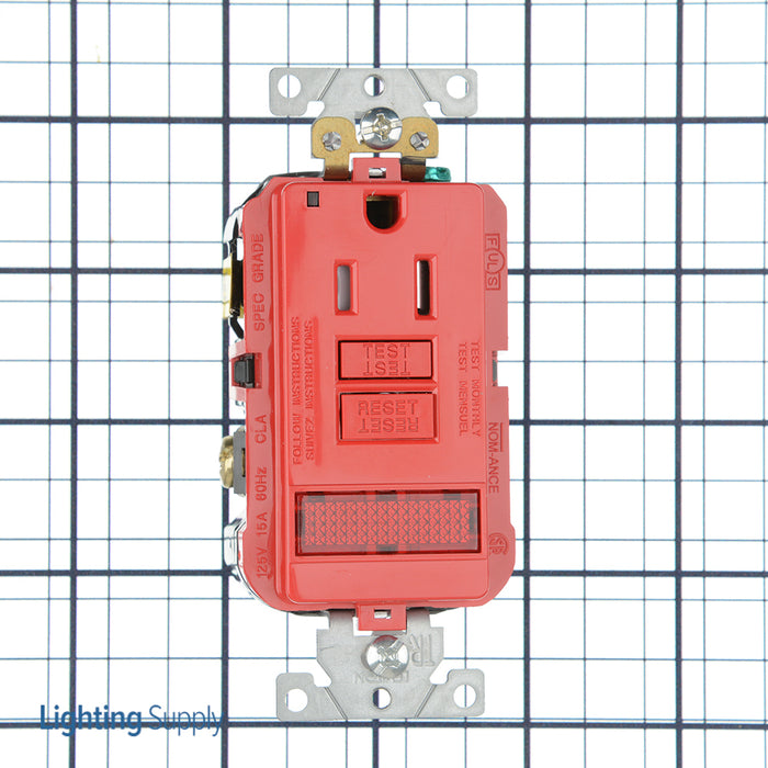 Leviton SmartlockPro GFCI Single Receptacle Outlet Extra Heavy-Duty Industrial Spec Grade Tamper-Resistant Pilot Light 15A 20A Feed-Through 125V Red (GFPL1-PLR)