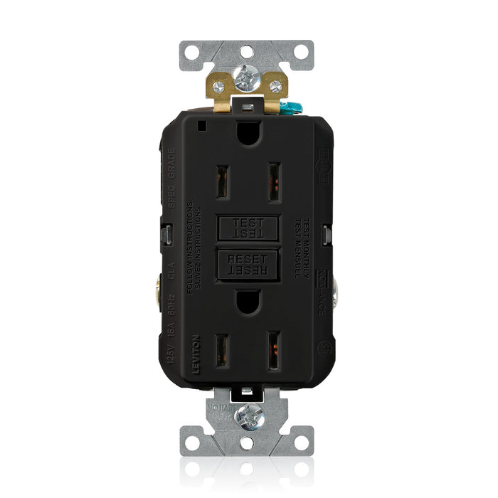 Leviton SmartlockPro Self-Test GFCI Duplex Receptacle Outlet Extra Heavy-Duty Industrial 15A 125V Back Or Side Wire Black (G5262-E)