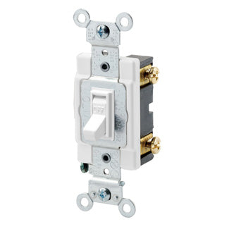 Leviton 15 Amp 120/277V Toggle Framed Single-Pole AC Quiet Switch Commercial Spec Grade Grounding Side Wired White (54501-2W)