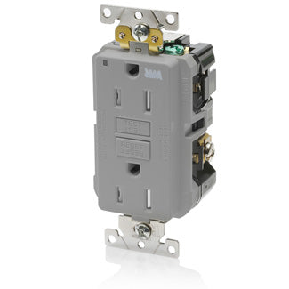 Leviton SmartlockPro GFCI Duplex Receptacle Outlet Extra Heavy-Duty Industrial Spec Grade Power Indication 15A 20A Feed Through 125V Gray (G5262-WTG)