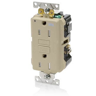 Leviton SmartlockPro GFCI Duplex Receptacle Outlet Extra Heavy-Duty Industrial Spec Grade Power Indication 15A 20A Feed Through 125V Ivory (G5262-WTI)