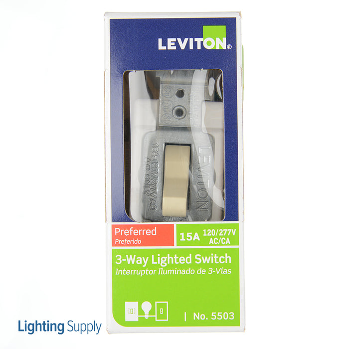 Leviton 15 Amp 120V Toggle Lighted Handle Illuminated Off 3-Way AC Quiet Switch Commercial Grade Grounding Side Wired Ivory (5503-LHI)