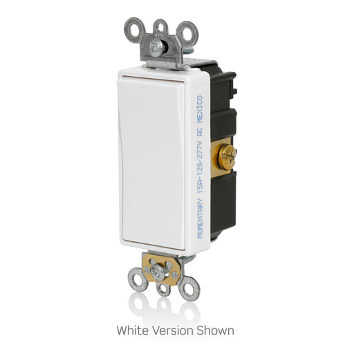 Leviton Switch Decora Plus Quiet Rocker Momentary Contact SPST 15A-120/277VAC 1/2 HP At 120V 2 HP At 240V Center-Off Ivory Back/Side Wired (5655-2I)