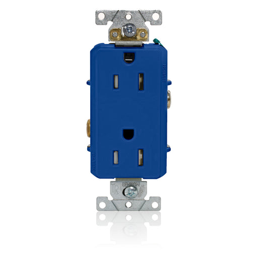 Leviton Decora Plus Duplex Receptacle Outlet Heavy-Duty Industrial Spec Grade Tamper-Resistant Smooth Face 15 Amp 125V Blue (TDR15-BU)