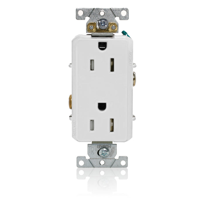 Leviton Decora Plus Duplex Receptacle Outlet Heavy-Duty Industrial Spec Grade Tamper-Resistant Smooth Face 15 Amp 125V White (TDR15-W)