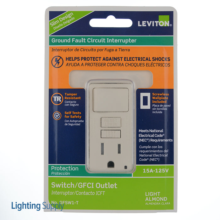 Leviton SmartlockPro Slim GFCI Combination Switch Tamper-Resistant Receptacle With LED Indicator 15 Amp 125V Switch 1800W Light Almond (GFSW1-T)