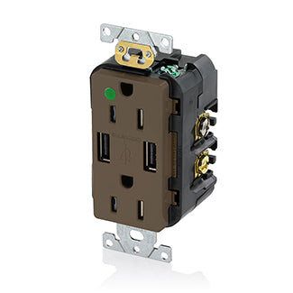 Leviton Duplex Receptacle Outlet Heavy-Duty Hospital Grade Tamper-Resistant With USB Two Type A USB Ports (3.6 Amp) 15A 125V Back Or Side Wire Brown (T5632-HG)
