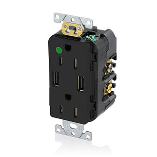 Leviton Duplex Receptacle Outlet Heavy-Duty Hospital Grade Tamper-Resistant With USB Two Type A USB Ports (3.6 Amp) 15A 125V Back Or Side Wire Black (T5632-HGE)