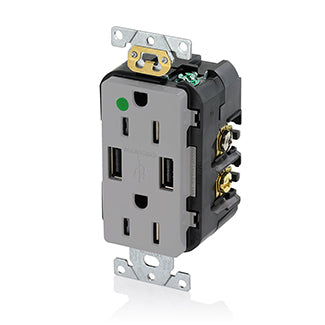 Leviton Duplex Receptacle Outlet Heavy-Duty Hospital Grade Tamper-Resistant With USB Two Type A USB Ports (3.6 Amp) 15A 125V Back Or Side Wire Gray (T5632-HGG)