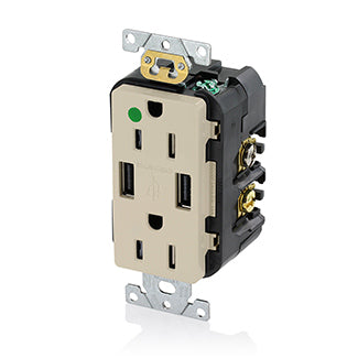 Leviton Duplex Receptacle Outlet Heavy-Duty Hospital Grade Tamper-Resistant With USB Two Type A USB Ports (3.6 Amp) 15A 125V Back Or Side Wire Ivory (T5632-HGI)