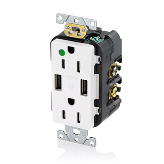 Leviton Duplex Receptacle Outlet Heavy-Duty Hospital Grade Tamper-Resistant With USB Two Type A USB Ports (3.6 Amp) 15A 125V Back Or Side Wire White (T5632-HGW)