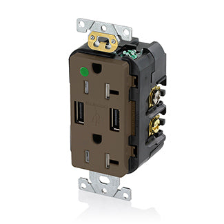 Leviton Duplex Receptacle Outlet Heavy-Duty Hospital Grade Tamper-Resistant With USB Smooth Face 20 Amp 125V Back Or Side Wire Brown (T5832-HG)