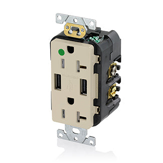 Leviton Duplex Receptacle Outlet Heavy-Duty Hospital Grade Tamper-Resistant With USB Smooth Face 20 Amp 125V Back Or Side Wire Ivory (T5832-HGI)