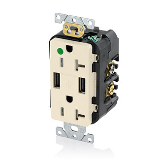 Leviton Duplex Receptacle Outlet Heavy-Duty Hospital Grade Tamper-Resistant With USB Smooth Face 20 Amp 125V Back Or Side Wire Light Almond (T5832-HGT)