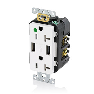 Leviton Duplex Receptacle Outlet Heavy-Duty Hospital Grade Tamper-Resistant With USB Smooth Face 20 Amp 125V Back And Side Wire White (T5832-HGW)