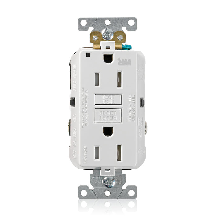 Leviton SmartlockPro GFCI Duplex Receptacle Outlet Extra Heavy-Duty Industrial Spec Grade 15A 125V 20A Feed-Through Back Or Side Wire White (G5262-WTW)