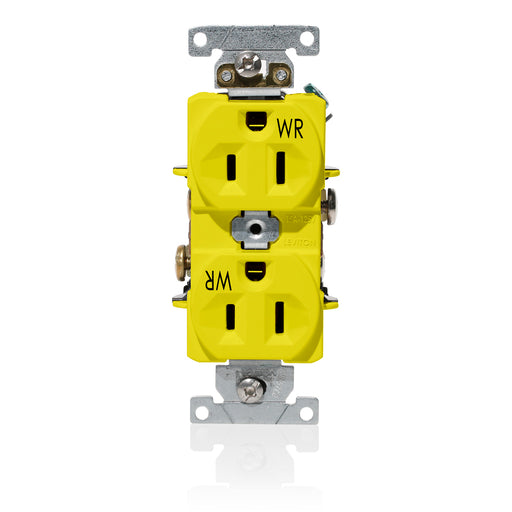 Leviton Duplex Receptacle Outlet Heavy-Duty Industrial Spec Grade Weather-Resistant Indented Face 15 Amp 125V Back Or Side Wire Yellow (WBR15-Y)