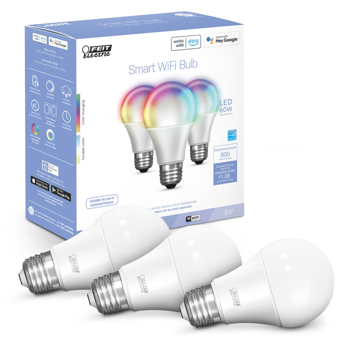 Feit Electric 9W Color Changing A19 Dimmable Alexa Google Smart Wi-Fi Bulb 3-Pack (OM60/RGBW/CA/AG/3)