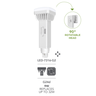 Light Efficient Design 9W 2-Pin Type A+B LED PL Retrofit G24d Base Horizontal/Vertical Design FlexColor 2700K/3000K/3500K/4000K/5000K 120-277V (LED-7316-FC-G2)