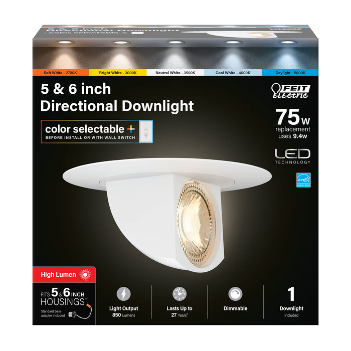 Feit Electric 5-6 Inch 9.4W [75W Equivalent] CCT Selectable 2700K/3000K/3500K/4000K/5000K Dimmable LED Directional Recessed Downlight (LEDR56SCP/6WYCA)