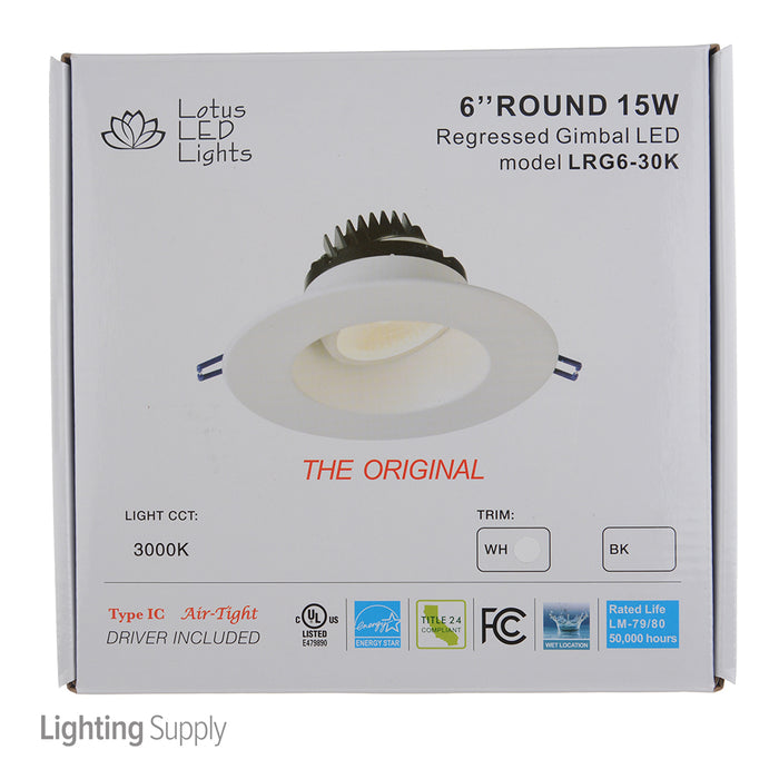 Lotus LED Lights 6 Inch Round Regressed Gimbal 15W LED 3000K White 38 Degree 1250Lm Type IC Airtight Wet Locations Energy Star 90 CRI (LRG6-30K-WH)