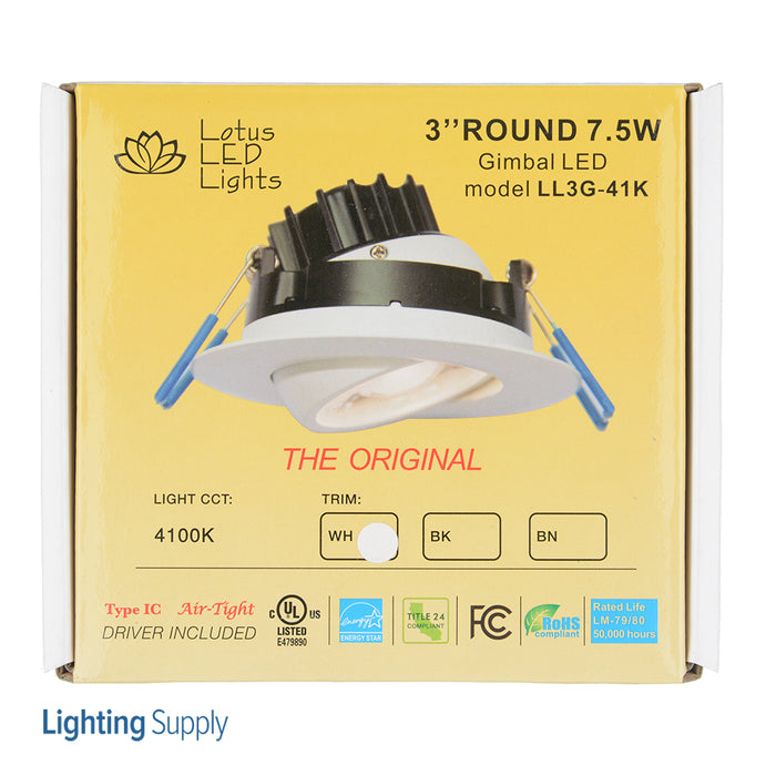 Lotus LED Lights 3 Inch Round Eyeball Gimbal 7.5W LED 4100K White 38 Degree 630Lm Type IC Airtight Wet Locations Energy Star 90 CRI (LL3G-41K-WH)