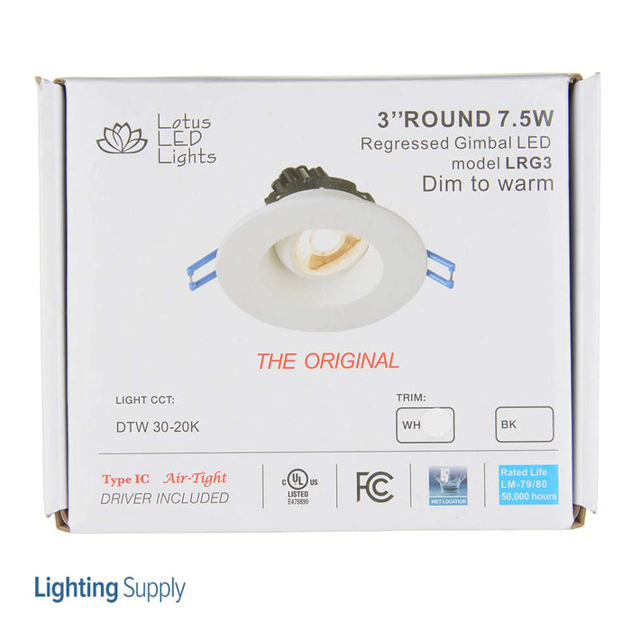 Lotus LED Lights 3 Inch Round Regressed Gimbal 7.5W DTW 30-20K White 38 Degree 500Lm Type IC Airtight Wet Locations 90 CRI (LRG3-32K-WH)