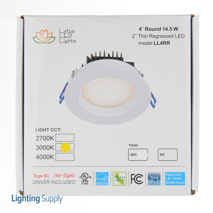 Lotus LED Lights 4 Inch Round Regressed Plenum 14.5W LED 3000K White 95 Degree 1000Lm Type IC Airtight Wet Locations 90 CRI (LL4RR-30K-WH)
