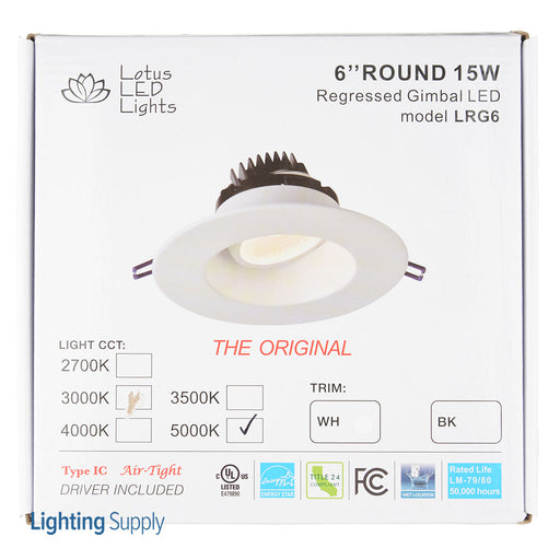 Lotus LED Lights 6 Inch Round Regressed Gimbal 15W LED 5000K White 38 Degree 1400Lm Type IC Airtight Wet Locations Energy Star 90 CRI (LRG6-50K-WH)