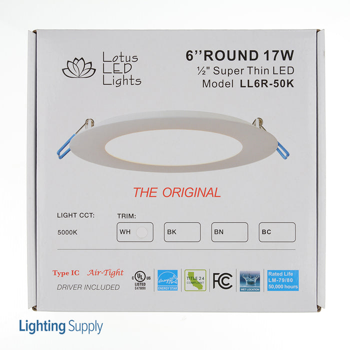 Lotus LED Lights 6 Inch Round Super Thin17W LED 5000K White 110 Degree 1050Lm Type IC Airtight Wet Locations Energy Star 90 CRI (LL6R-50K-WH)
