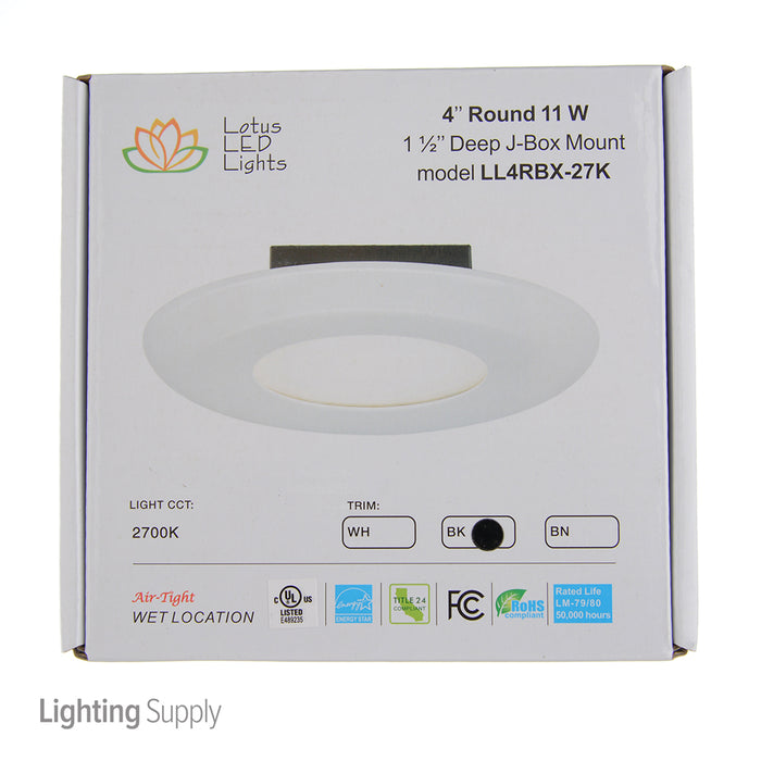 Lotus LED Lights 4 Inch Junction Box Mount Round 11W LED 2700K Black 110 Degree 620Lm Airtight Wet Locations IP54 90 CRI (LL4RBX-27K-BK)