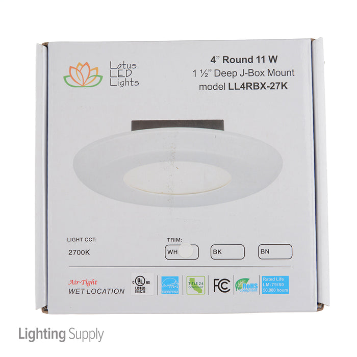 Lotus LED Lights 4 Inch Junction Box Mount Round 11W LED 2700K White 110 Degree 620Lm Airtight Wet Locations IP54 90 CRI (LL4RBX-27K-WH)