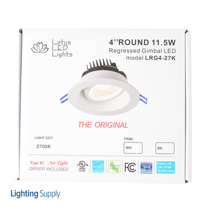 Lotus LED Lights 4 Inch Round Regressed Gimbal 11.4W LED 2700K White 38 Degree 960Lm Type IC Airtight Wet Locations Energy Star 90 CRI (LRG4-27K-WH)