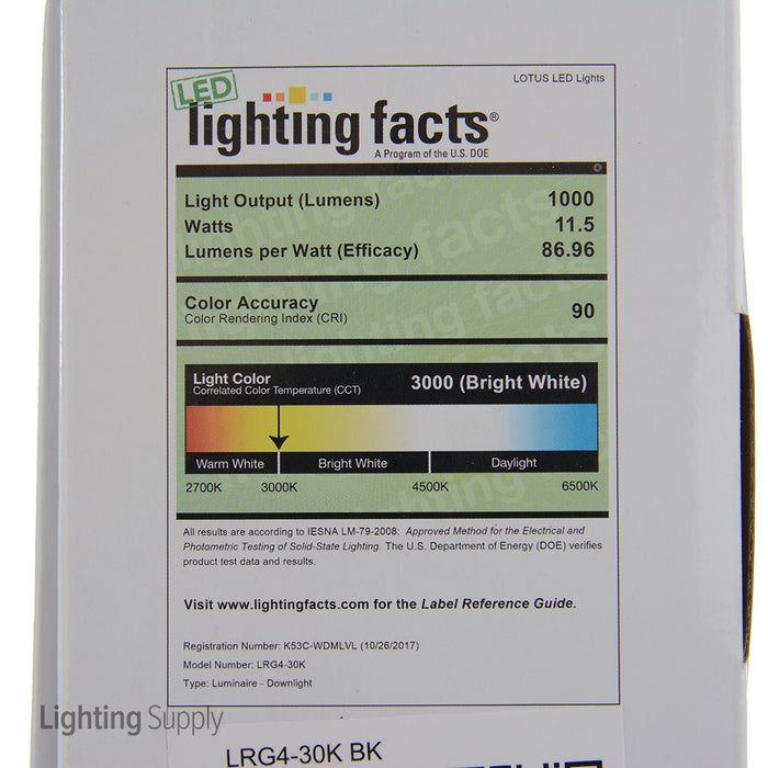 Lotus LED Lights 4 Inch Round Regressed Gimbal 11.4W LED 3000K Black 38 Degree 1000Lm Type IC Airtight Wet Locations 90 CRI (LRG4-30K-BK)