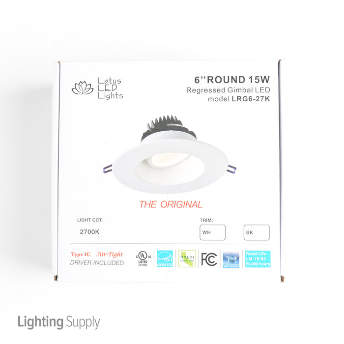 Lotus LED Lights 6 Inch Round Regressed Gimbal 15W LED 2700K White 38 Degree 1200Lm Type IC Airtight Wet Locations Energy Star 90 CRI (LRG6-27K-WH)