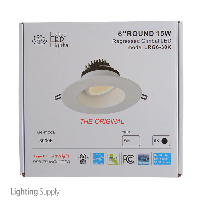 Lotus LED Lights 6 Inch Round Regressed Gimbal 15W LED 3000K Black 38 Degree 1250Lm Type IC Airtight Wet Locations Energy Star 90 CRI (LRG6-30K-BK)