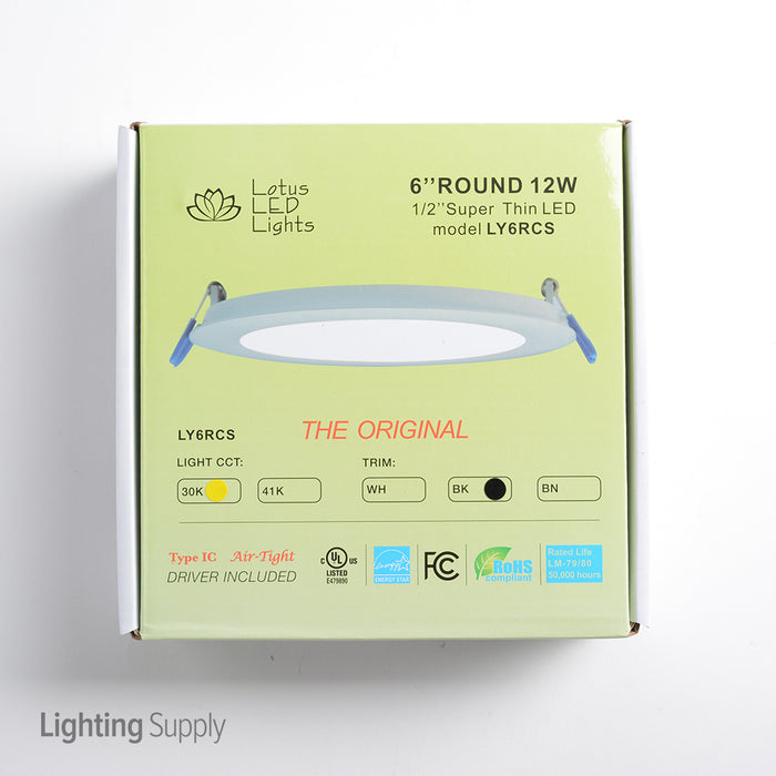 Lotus LED Lights 6 Inch Round Super Thin Original 12W LED 3000K Black 110 Degree 700Lm Type IC Airtight Wet Locations 80 CRI (LY6RCS/30K/BK)