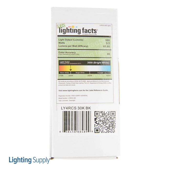Lotus LED Lights 4 Inch Round Original 9W LED 3000K Black 110 Degree 550Lm Type IC Airtight Wet Locations Energy Star 80 CRI (LY4RCS/30K/BK)