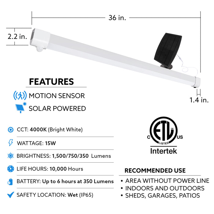 Feit Electric 3 Foot 15W Cool White 4000K Solar LED Shop Light With Motion Sensor (SHOP3/840/MOT/SOL)