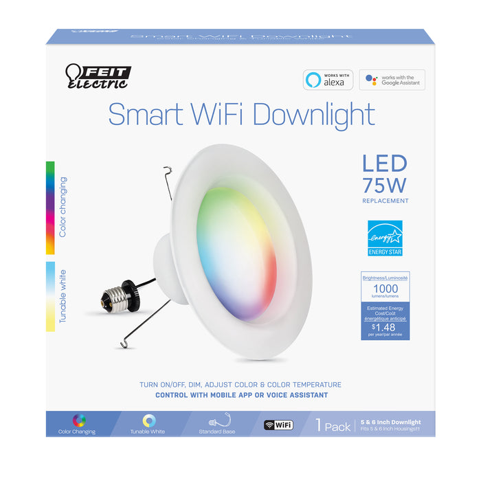 Feit Electric 6 Inch 11.1W [75W Equivalent] Color Changing Smart Alexa Google Wi-Fi Recessed Downlight CCT Selectable 2700K-6500K (LEDR6/RGBW/AG)