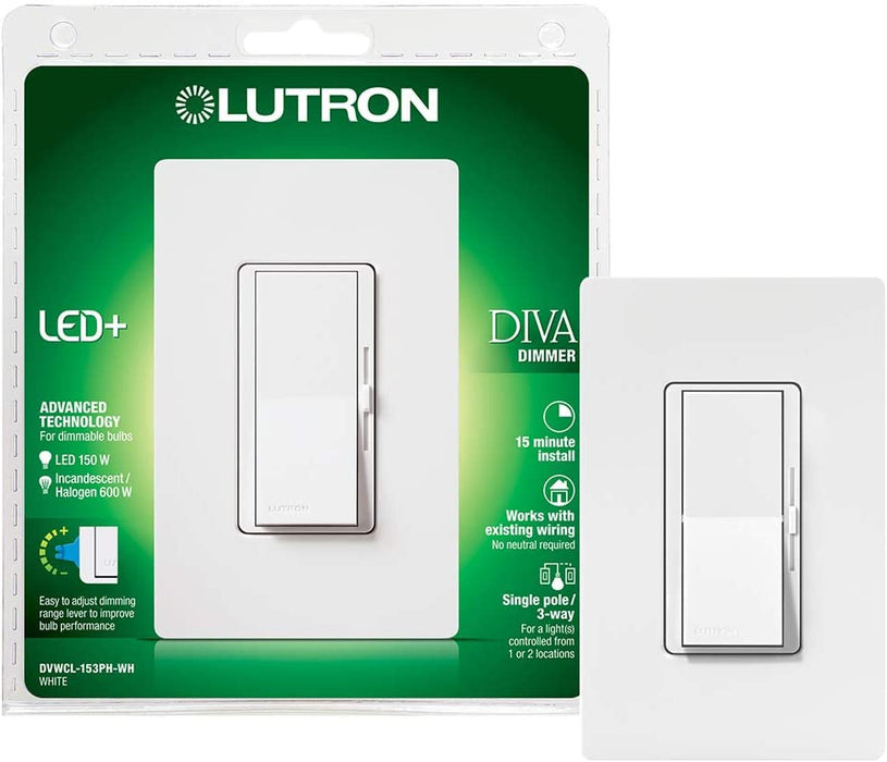 Lutron Diva 150W LED 3-Way White Clamshell With Faceplate (DVWCL-153PH-WH)