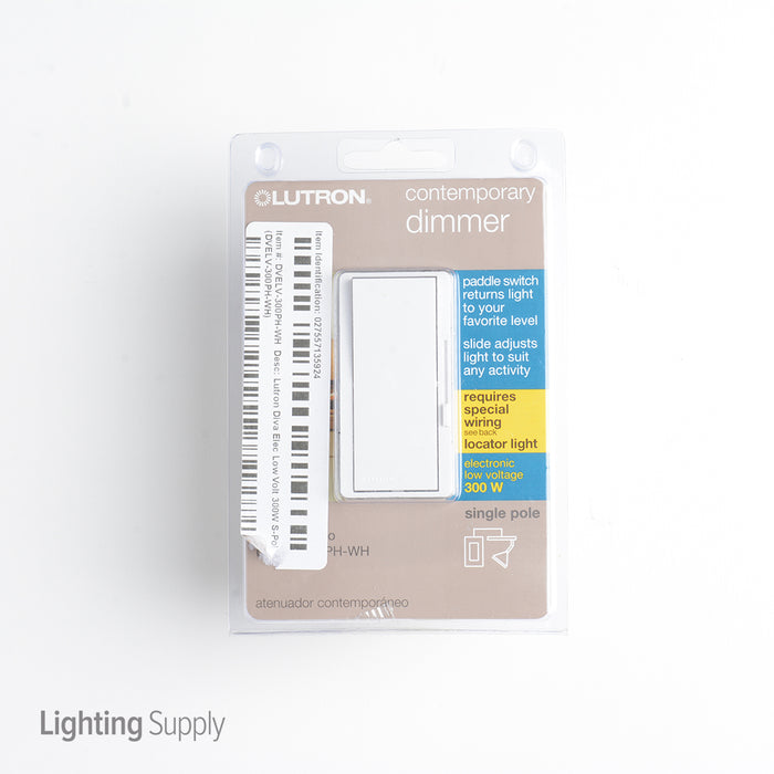 Lutron Diva 300W Electronic Low Voltage Single-Pole White Clamshell (DVELV-300PH-WH)
