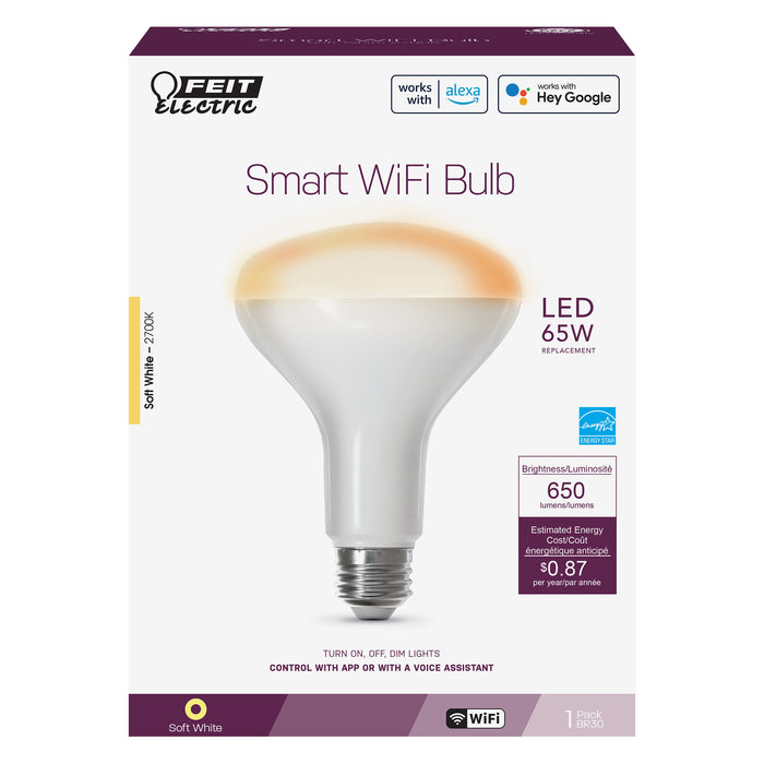 Feit Electric 7.2W [65W Equivalent] Soft White 2700K E26 Base BR30 LED Smart Wi-Fi Light Bulb (BR30/927CA/AG)