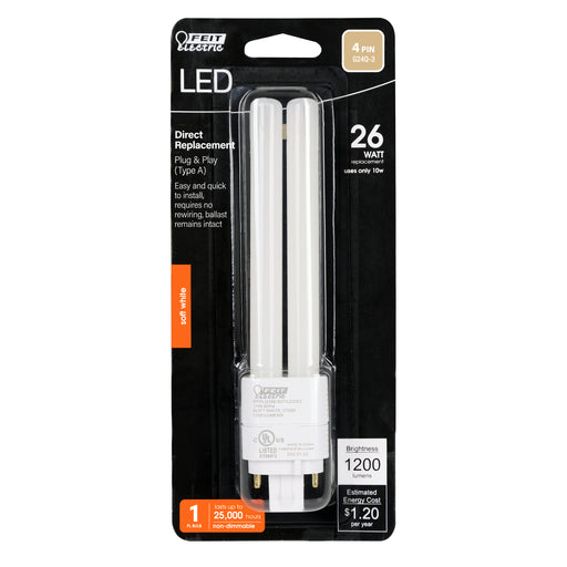 Feit Electric 10W [26W Equivalent] Soft White 2700K G24q 4 Pin Direct Replacement Type A LED PL Bulb (BPPLD26E/827/LEDG2)