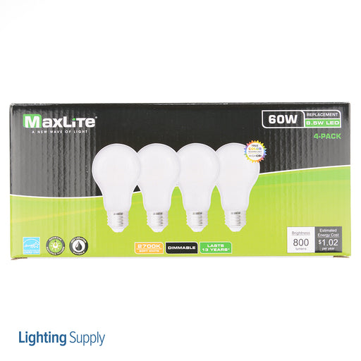 Maxlite 103078 8.5W LED Frosted Filament A19 90 CRI 2700K Dimming E26 4 Pack (FF8.5A19D927/4P)