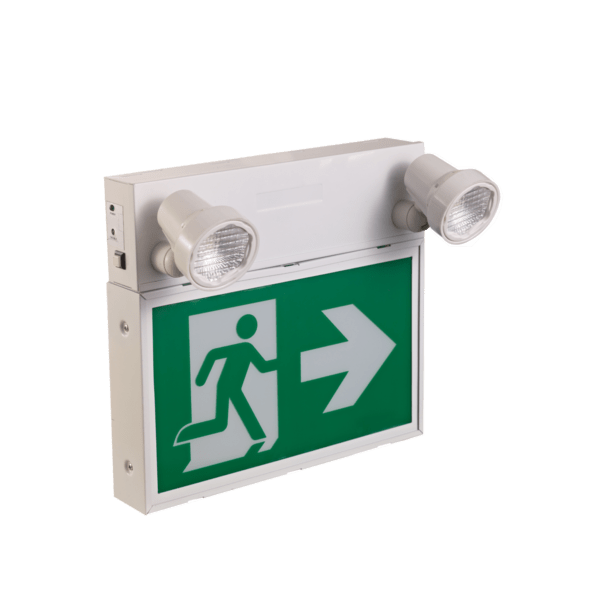 EIKO ES2-RC1SC30B-3 Steel RM Exit Sign Combo 30W 2-Heads Battery Back-Up Remote Capable 120-347V White (313425)