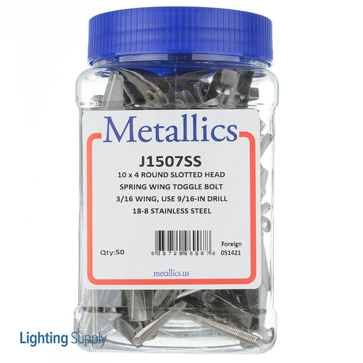 Metallics 3/16 10-24 X 4 Round Head Slotted Spring Wing And Toggle Bolt Stainless Steel 18-8-50 Per Pack (J1507SS)